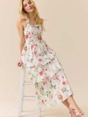 Floral Tiered White Dress